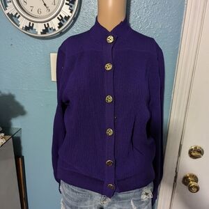 St. John Purple Knit Cardigan with Gold Accents